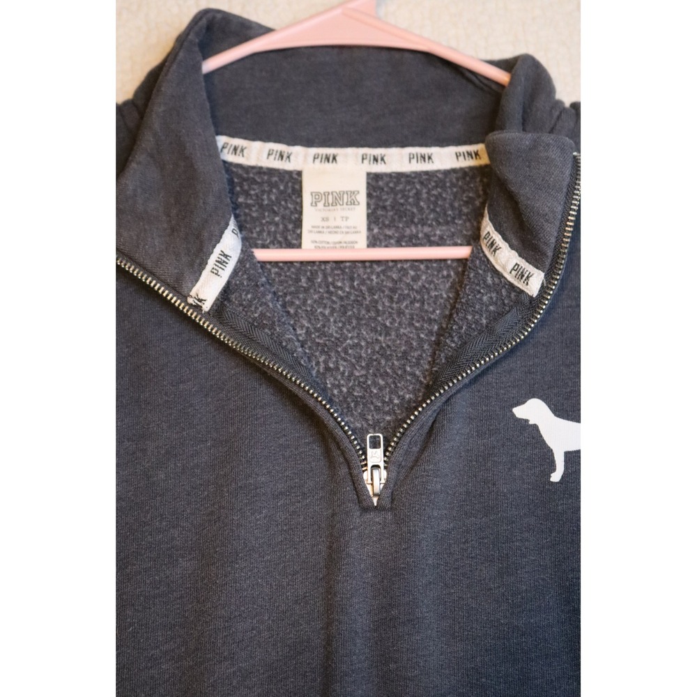 Victoria's Secret PINK Quarter Zip Pullover Sweatshirt Gray Logo XS - Picture 3 of 6